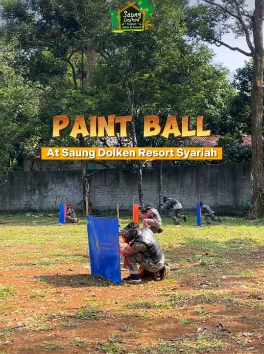 Permainan Paintball Saung Dolken - Arena tembak-menembak paintball di resort syariah Sentul Bogor, cocok untuk kegiatan team building dan petualangan rombongan